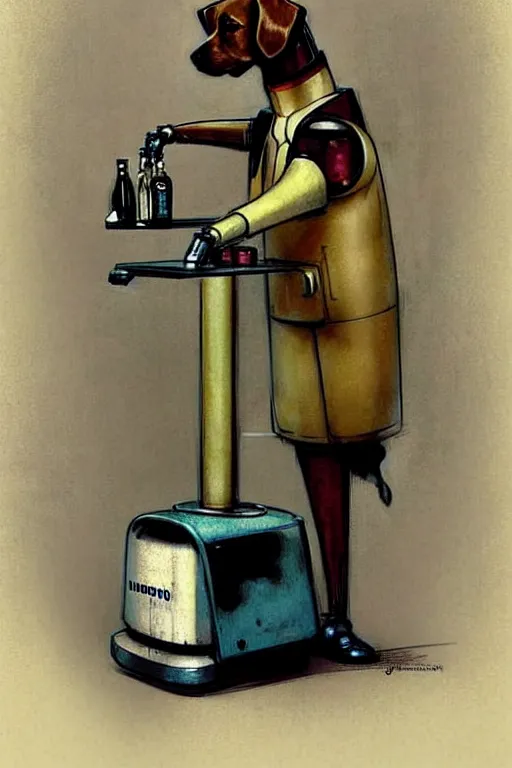 Prompt: ( ( ( ( ( 1 9 5 0 s retro future robot android bartender behind a bar dog. muted colors. ) ) ) ) ) by jean - baptiste monge!!!!!!!!!!!!!!!!!!!!!!!!!!!!!!