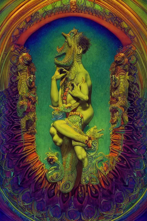 Image similar to beautiful crocodile headed god by maxfield parrish, mandala, coherent design, vivid colors, digital watercolor ink illustration painting, complementary color, golden ratio, detailed, sharp lines, sharp focus, intricate, rainbowshift, artgerm, gustave dore, alphonse mucha, octane render