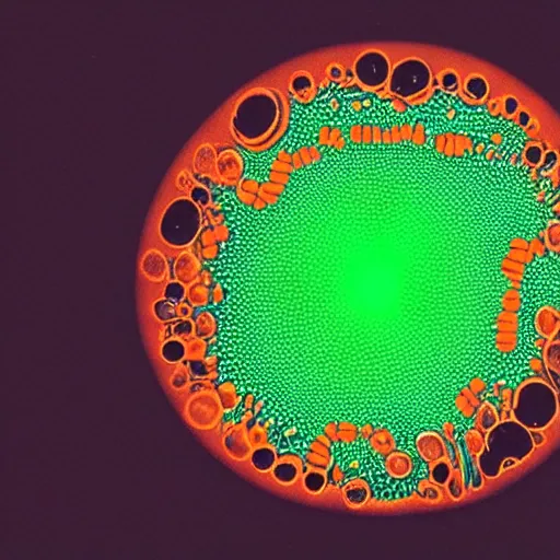 Prompt: microscopic petri dish photo of a transparent sectioned blue - green rod - shaped flagellated bacteria, microscopic photo, orange, dark black background, fluids inside