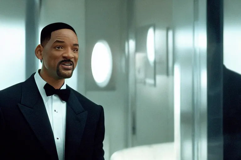 Prompt: cinematic still of will smith in men in black ( 2 0 0 1 ), xf iq 4, f / 1. 4, iso 2 0 0, 1 / 1 6 0 s, 8 k, raw, dramatic lighting, symmetrical balance, in - frame, highly accurate facial features