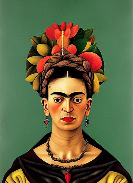 Image similar to portrait of young woman in renaissance dress and renaissance headdress, art by frida kahlo