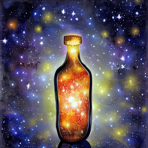 Prompt: Painting of a glass bottle containing stars and galaxies, creative interpretation, digital art, trending