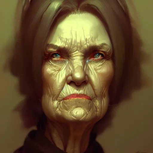 Image similar to an old woman with a mullet, portrait, close up, high detailed, craig mullins, peter mohrbacher, unreal engine, 8 k, dark beauty, trending on artstation