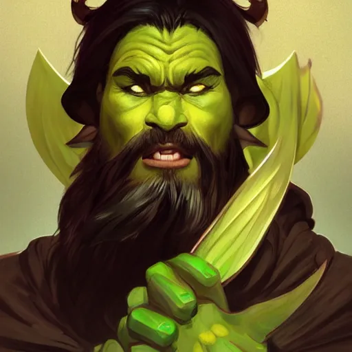 Prompt: character portrait, green skin, yellow eyes, angry, handsome d & d orc ; monk ; with black hair and black beard, alphonse mucha, rhads, ross tran, dungeons and dragons character art commission, artstation, artgerm, 8 k