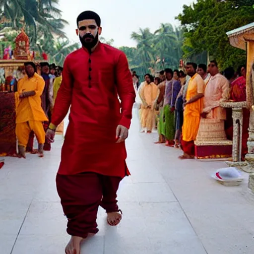 Prompt: drake the rapper wearing a silk kurta, hindu kovil scene