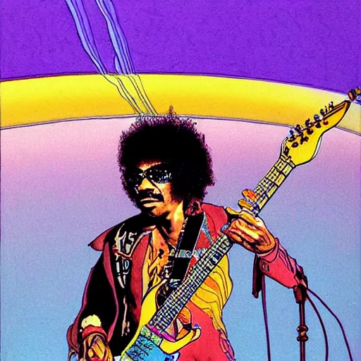 Prompt: artwork by Moebius showing Jimi Hendrix sitting on the rings of Saturn playing his electric guitar