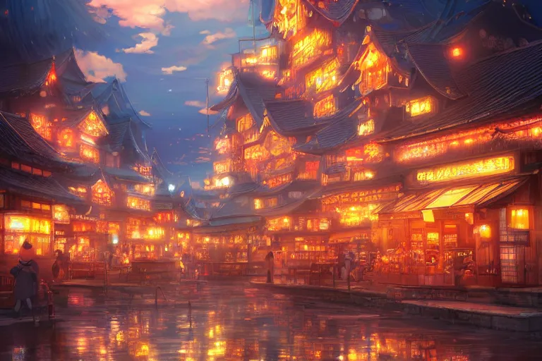 Prompt: fantasy art of a japan town at night, with glowing giant goldfish swimming in the air, by makoto shinkai, highly detailed digital art, trending on artstation