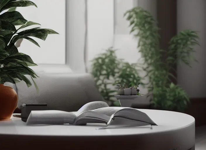 Image similar to a small miniature of a Honda Prelude 2.0 on a white table near a book and a vase with a plant, 3d render, octane render, unreal engine 5, path tracing, serene landscape, calm, relaxing, beautiful landscape, highly detailed, high quality, 4k, symmetrical, low contrast, centered