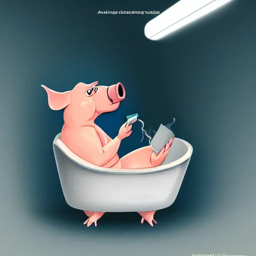 Image similar to a cartoon humanoid anthropomorphic pig lay in the tub, smoking, digital art, very strong lighting, trending on artstation