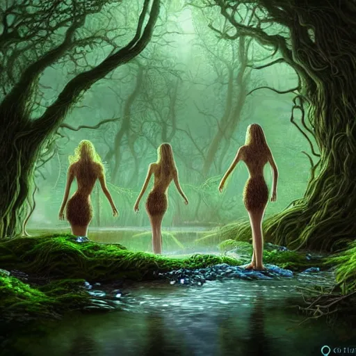 Image similar to beautiful digital fantasy illustration of A woody green field with a stream running through it, with a group of dryad women standing in the water. They seem to be preparing to submerge themselves in the cool, clear waters of the stream. a creepy creature standing in front of a mirror!, concept art by Alex Horley-Orlandelli!!, cgsociety contest winner!!!, gothic art,!!!!, cgsociety, fantasy art, highly detailed, soft lighting, rendered in octane, masterpiece, very very very aesthetic