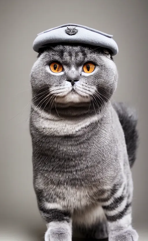 Prompt: portrait photo of scottish fold cat wearing a military hat, pure grey fur, highly detailed, high resolution, cosplay photo, stunning, bokeh soft, trending on instagram, by professional photographer, soldier clothing, military uniform, shot with a canon