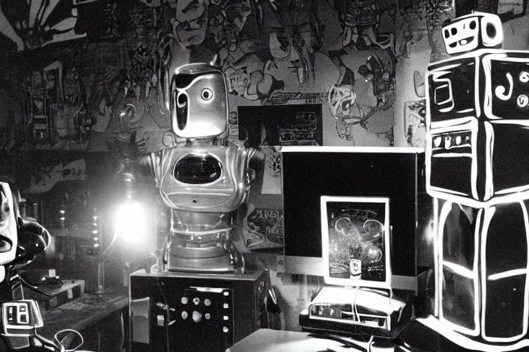 Image similar to robot staring at her reflection in a mirrored monolith, from 1977, in a tiki bar, volumetric lighting, surrounded by crt monitors, photograph, in the style of jack bridgeland