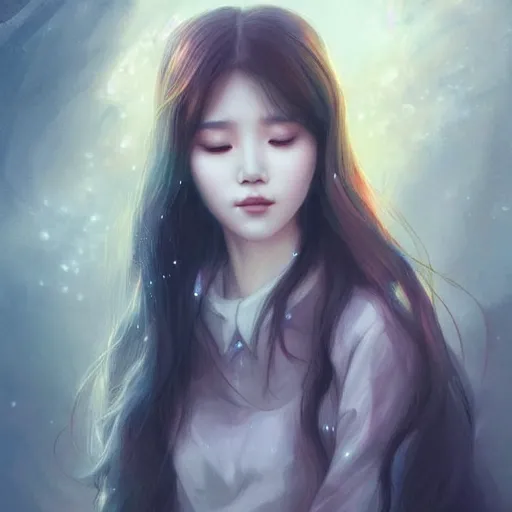 Image similar to IU, Korean Idol, Korean Artist, very detailed, digital art, concept art, studio quality, ethereal, art style by Charlie Bowater