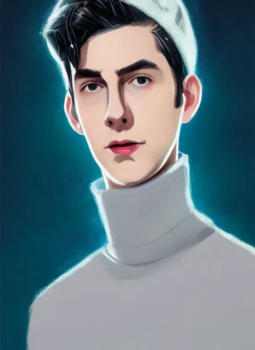 Image similar to portrait of teenage jughead jones wearing a light grey crown, crown, blue turtleneck, 1 9 5 0 s, closed eyes, photorealistic, black hair, glowing lighting, intricate, elegant, glowing lights, highly detailed, digital painting, artstation, concept art, smooth, sharp focus, illustration, art by wlop, mars ravelo and greg rutkowski