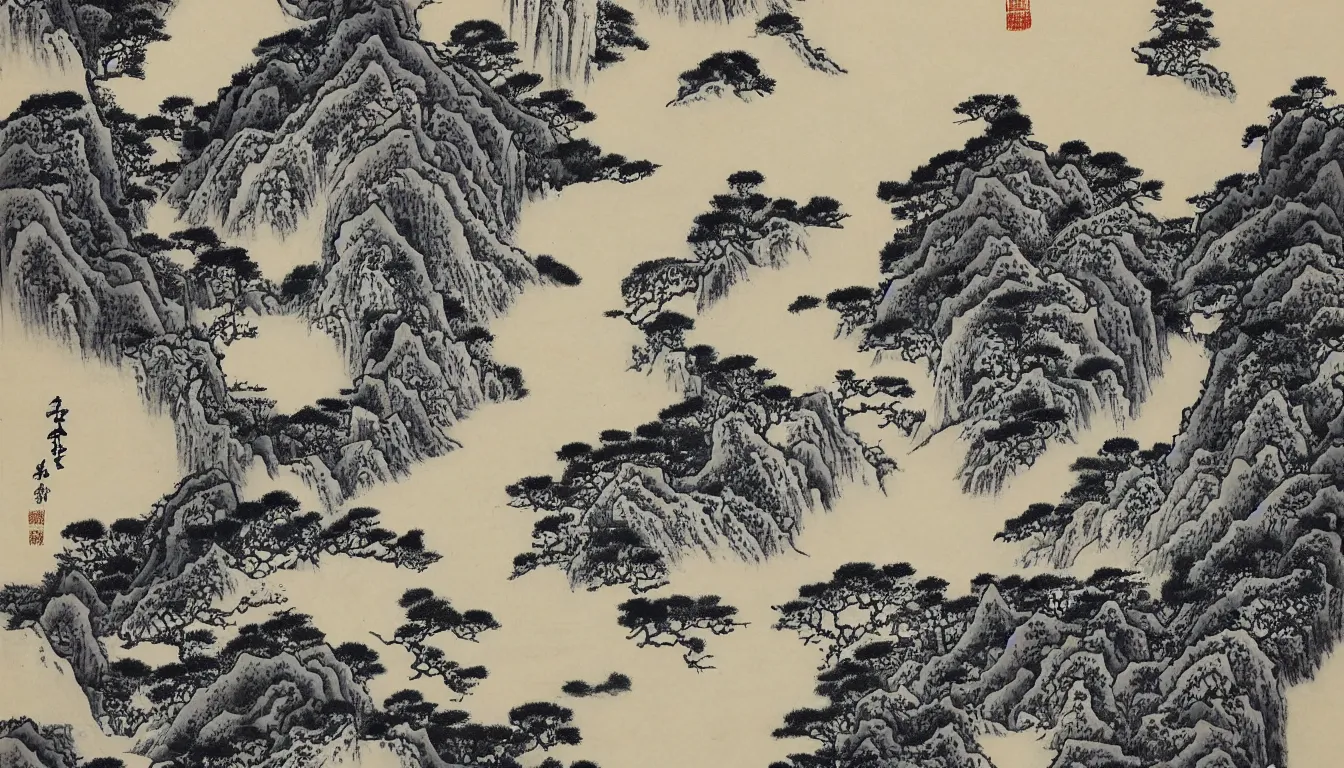 Prompt: traditional chinese ink drawing of a waterfall, mountains, forest, by hokusai, ultra detailed