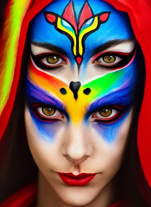 Image similar to photo of a gorgeous Beautiful face Portrait of Little Red Riding Hood with a rainbow panther, face painting, woman in the style of stefan kostic, wild, realistic, sharp focus, 8k high definition, insanely detailed, intricate, elegant, art by stanley lau and artgerm