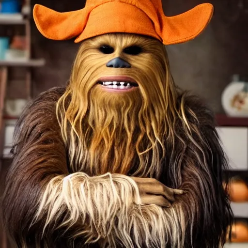 Image similar to Chewbacca with a chefs hat on