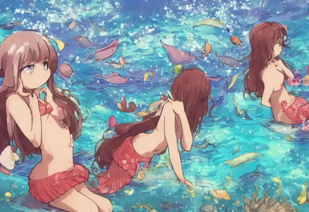 Image similar to youtube lofi anime girl looking out of window underwater with mermaids