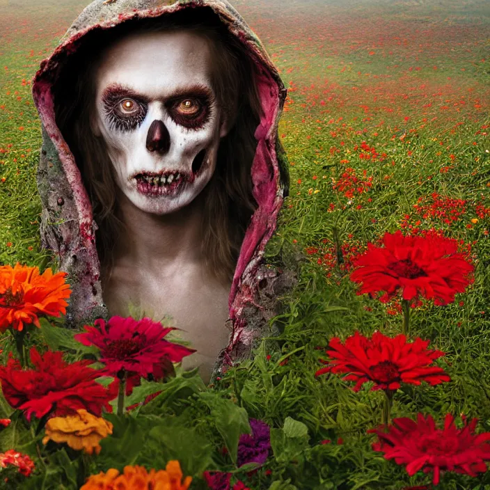 Image similar to closeup portrait of a undead zombie wearing a hooded cloak made of zinnias and rainbows, in an empty field, by Annie Leibovitz and Steve McCurry, natural light, detailed face, CANON Eos C300, ƒ1.8, 35mm, 8K, medium-format print