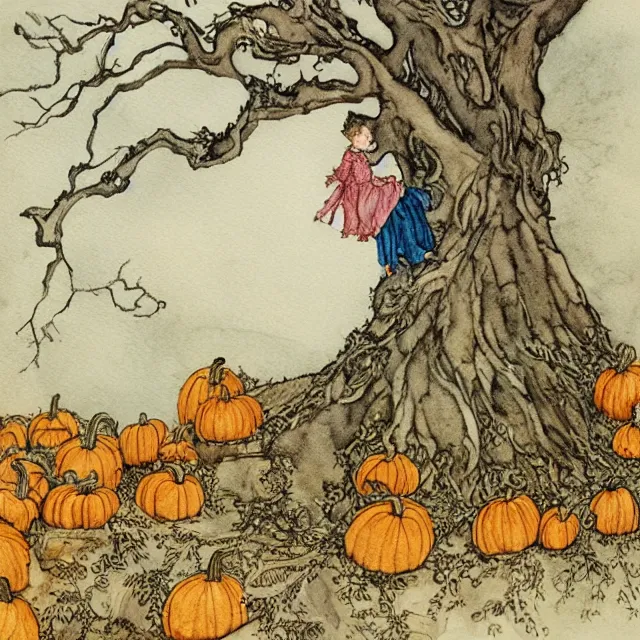 Image similar to a detailed, intricate watercolor and ink portrait illustration with fine lines, of a young alicia vikander in a dress climbing a gnarled tree in a pumpkin patch, by arthur rackham and edmund dulac