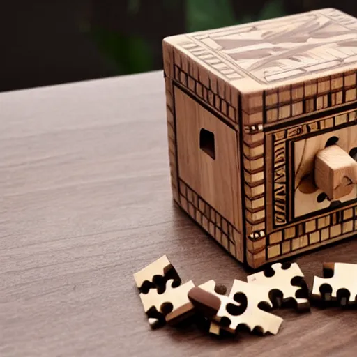 Image similar to a wooden mechanical puzzle box, product photo