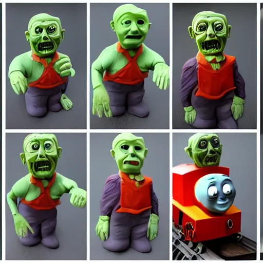 Image similar to thomas the tank engine, zombie, scary, clay sculpture