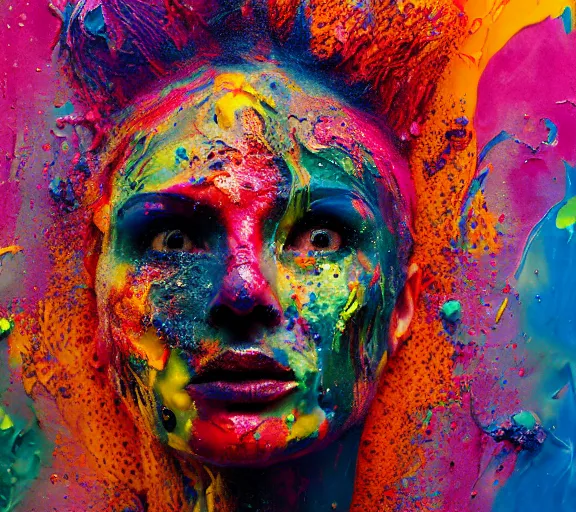 Prompt: still shot footage of a portrait of a female angel's head made of acrylic pour and coloured powder explosion and splashing paint and dripping paint and flying paint chunks, closing eyes, motion blur, hyperrealistic, medical, intricate art photography, anatomically correct, realistic crisp textures, 1 6 k
