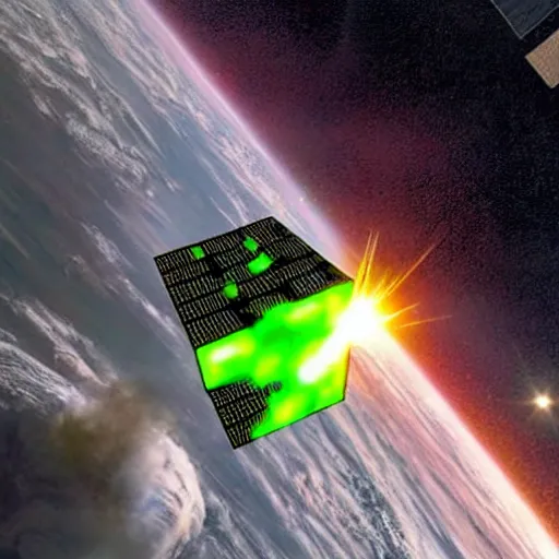 Image similar to huge Borg cube attacking the ISS, star trek, green laser, resistance is futile