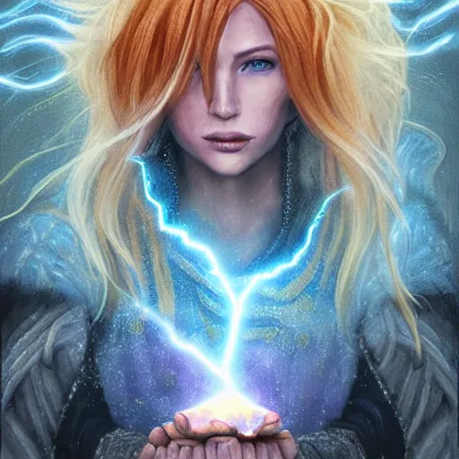 Image similar to a detailed tarot card of a human wizard casting a spell, female, blonde and auburn two toned hair, crackling blue lightning, fantasy, d & d, intricate, elegant, highly detailed, digital painting, artstation, concept art, matte, sharp focus, illustration, in the style of magic the gathering, art by artgerm and greg rutkowski and alphonse mucha