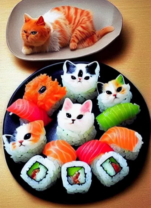 Image similar to clear photorealistic picture of adorable cats made out of sushi