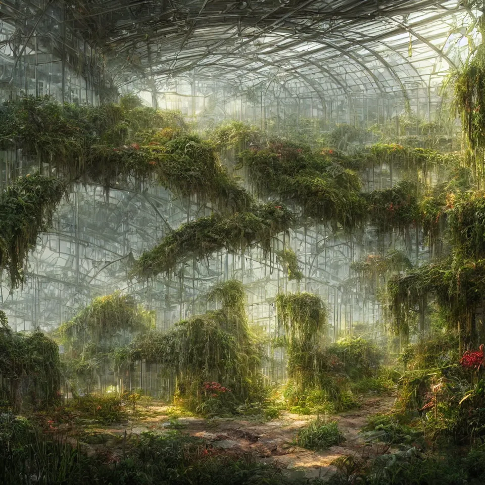 Prompt: a beautiful hyperrealistic detailed rendering a futuristic greenhouse biolab with overgrown bioluminescent plants, hazy lighting, by john howe, lee madgwick, hubert robert, epic scale ultrawide angle, deviantart, 4 k wallpaper, dawn, warm cinematic volumetric lighting, deep colors