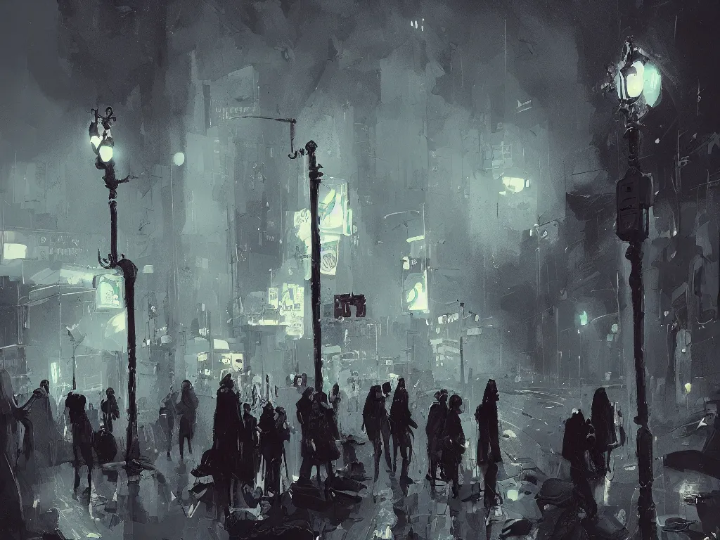 Prompt: few people waiting in a bus stop in dark city night, high quality, detailed, high resolution, in the style of ismail inceoglu