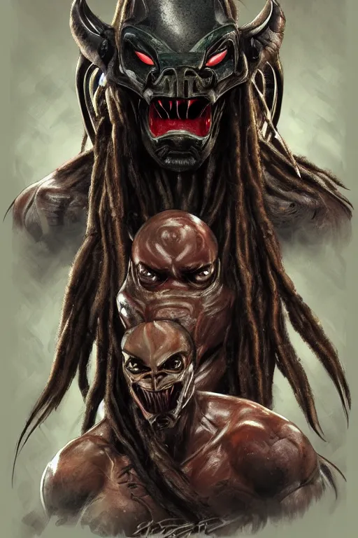 Image similar to predator 1 9 8 7 face redesign, portrait, highly detailed, dreadlocks, mandables, digital painting, trending on artstation, concept art, illustration