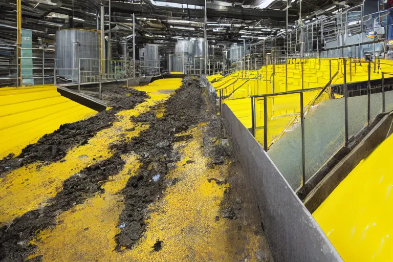 Prompt: photo of a waste facility, catwalks and yellow pools of sludge