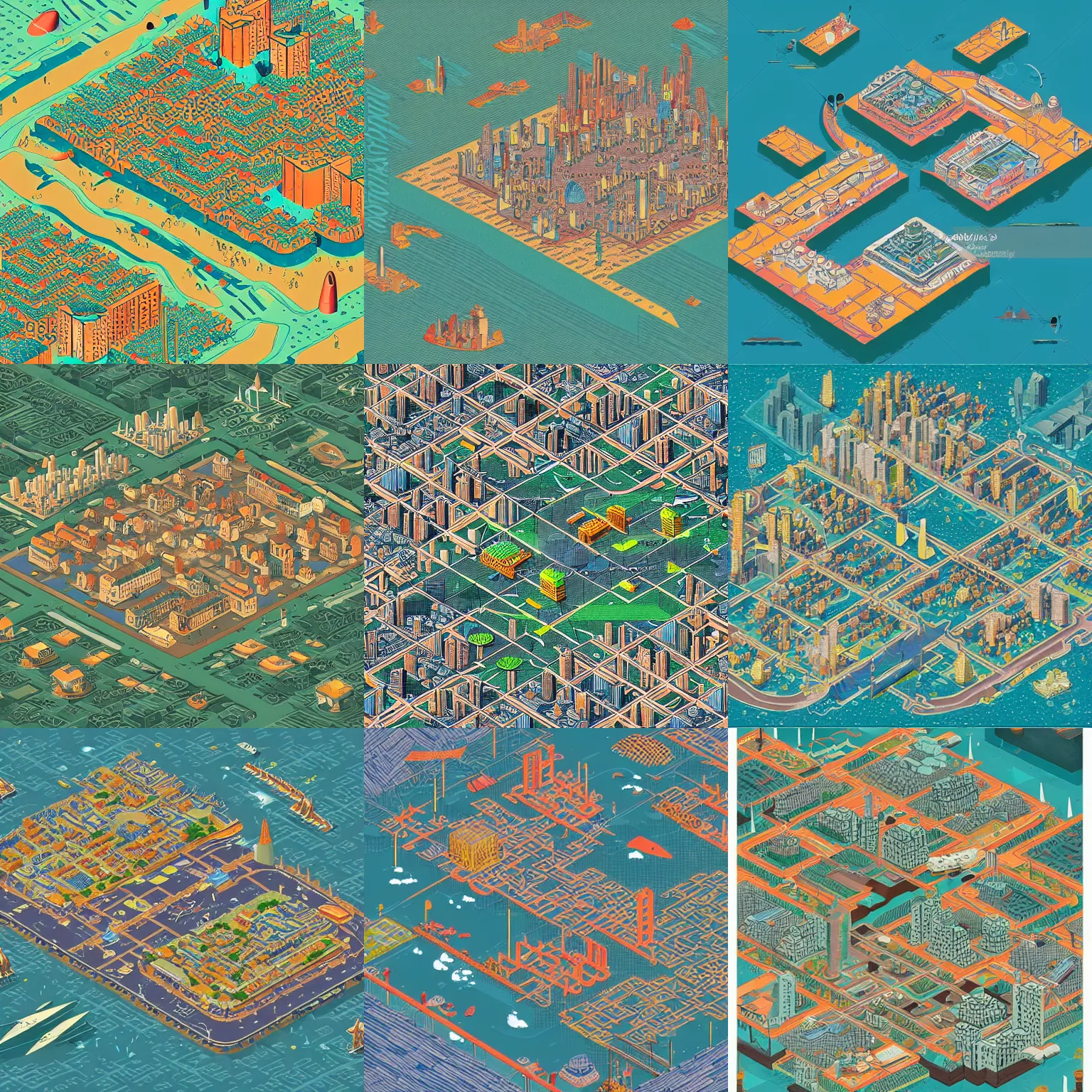 Prompt: a detailed quasi-isometric map of a futuristic dystopian city located in an island with a few flying ships sailing around it, in the style of egon schiele landscapes, full color