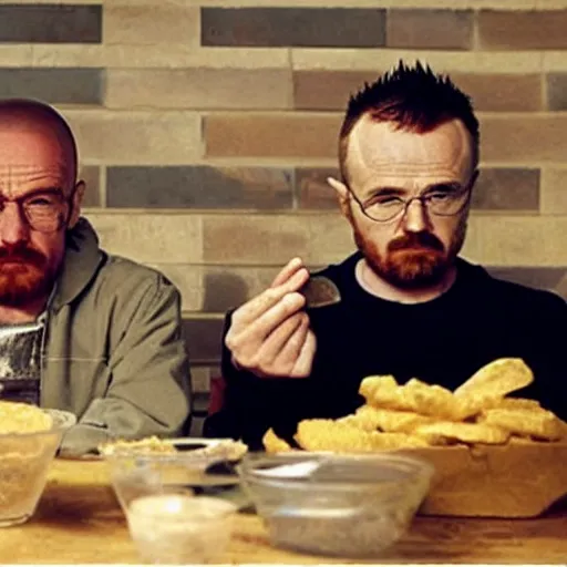 Image similar to walter white and jesse pinkman eating hamburger