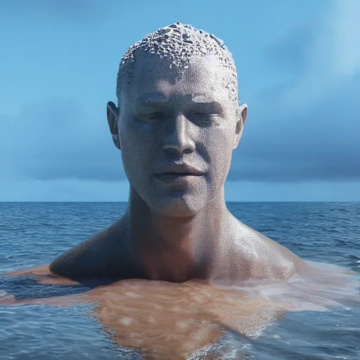 Image similar to a giant dripping water sculpture of a human head on the ocean water, cinematic, in the style of chad knight, long shot, hyper detailed, hyper realistic, ray tracing, 8 k resolution, sharp focus, realistic water, award winning