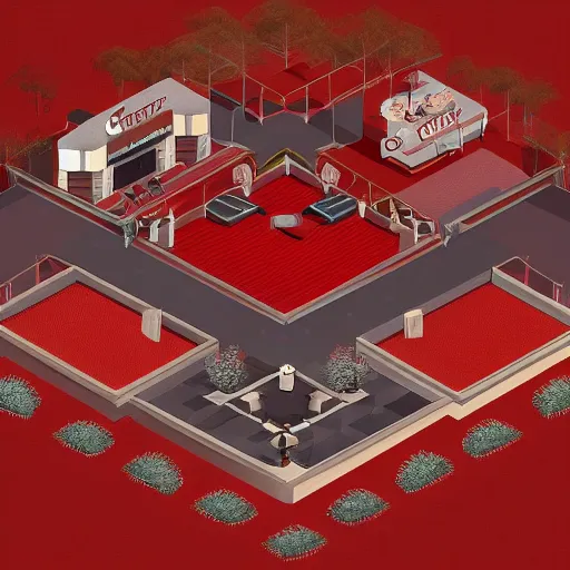 Prompt: isometric top down view of a hotel lobby, full of cherrywood and red carpet, high quality, digital art