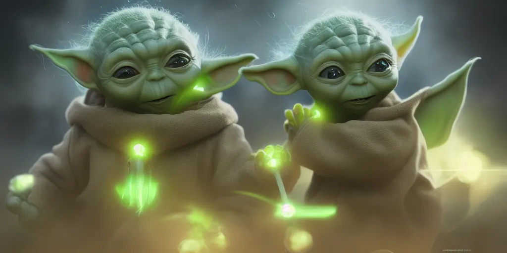 Image similar to Baby Yoda is fighting Thanos, hyperdetailed, artstation, cgsociety, 8k