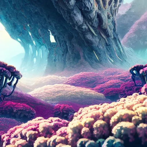 Image similar to an epic flowering alien landscape in the style of origami, 8 k, cinematic light, artstation