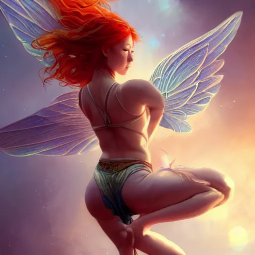 Image similar to beautiful natural fairy small winged redhead martial artist karate fey fae muscular body shortsword unseelie summer, kung fu, vivid colors, intricate, elegant, highly detailed, digital painting, artstation, concept art, smooth, sharp focus, illustration, art by artgerm and greg rutkowski and alphonse mucha and loish and wlop