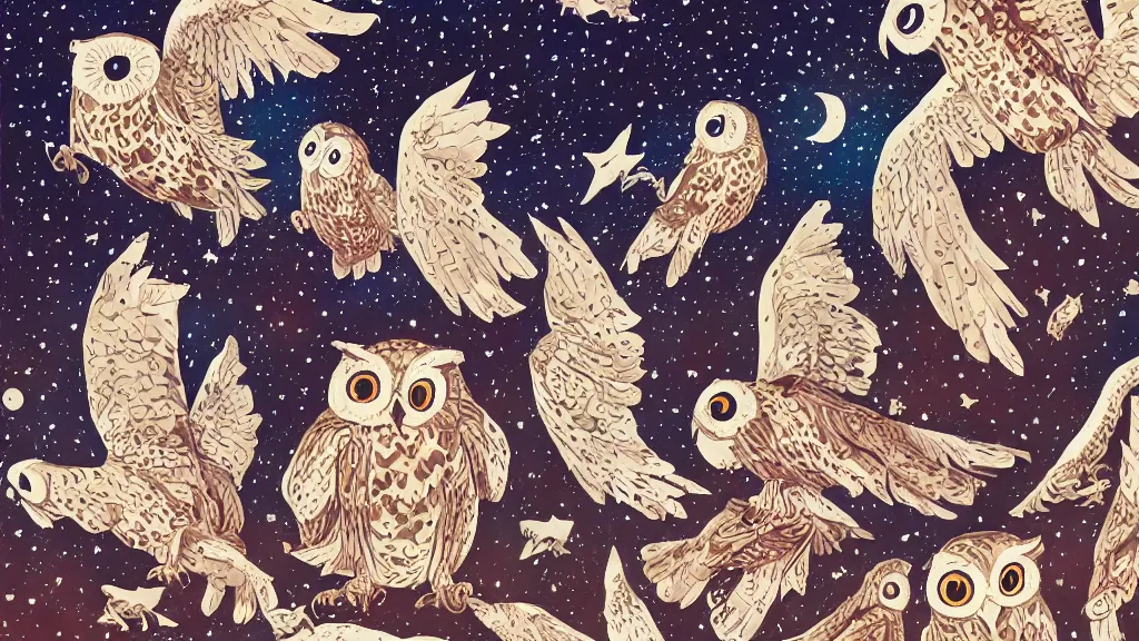 Prompt: very detailed, ilya kuvshinov, mcbess, rutkowski, watercolor quilt illustration of owls flying at night, stars, colorful, deep shadows, astrophotography, highly detailed, wide shot