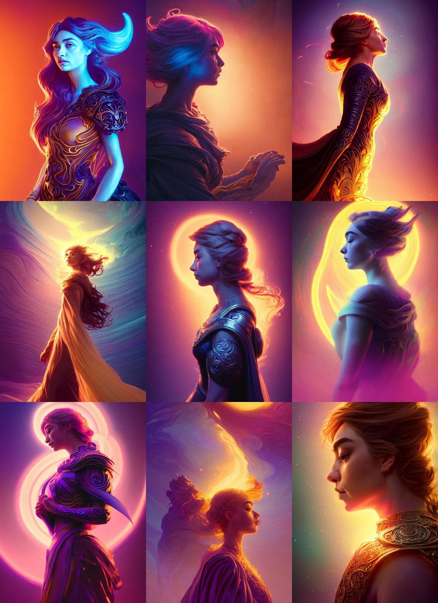 Prompt: side portrait, imogen poots, paladin, gloomhaven, soft, smooth, luminescent, art nouveau tarot, backlit glow, colorful swirly ripples, gaudy colors, aesthetic octane render, unreal engine, 8 k, by greg rutkowski, jesper ejsing, rhads, lois van baarle, ilya kuvshinov