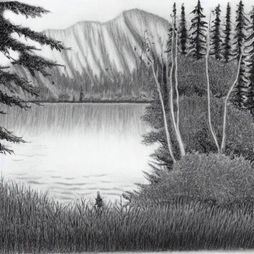 Image similar to Bob Ross drawing a forest with a lake