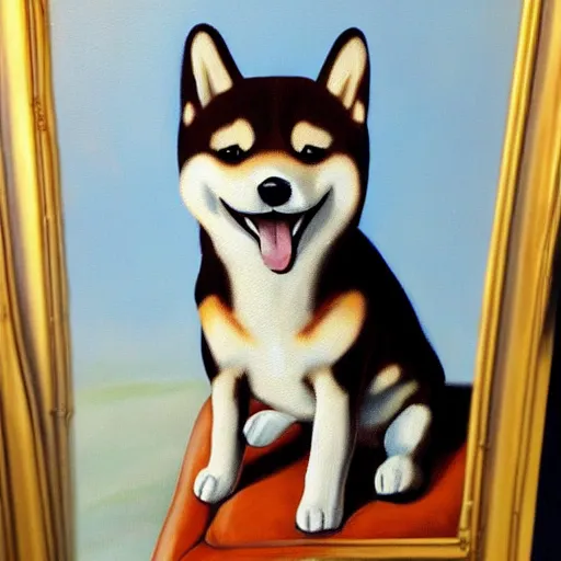 Prompt: oil painting of a cute shiba inu sitting on a couch and smiling