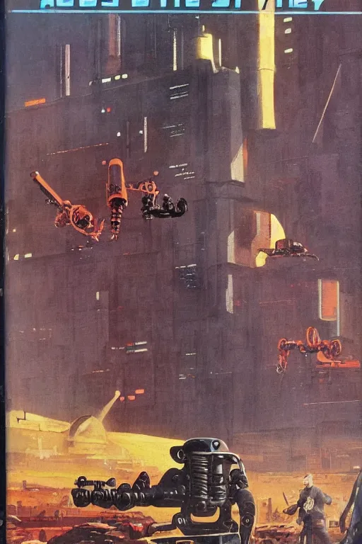 Prompt: a 1971 sci fi paperback cover illustrated by Vincent Di Fate showing robots in a post apocalyptic city