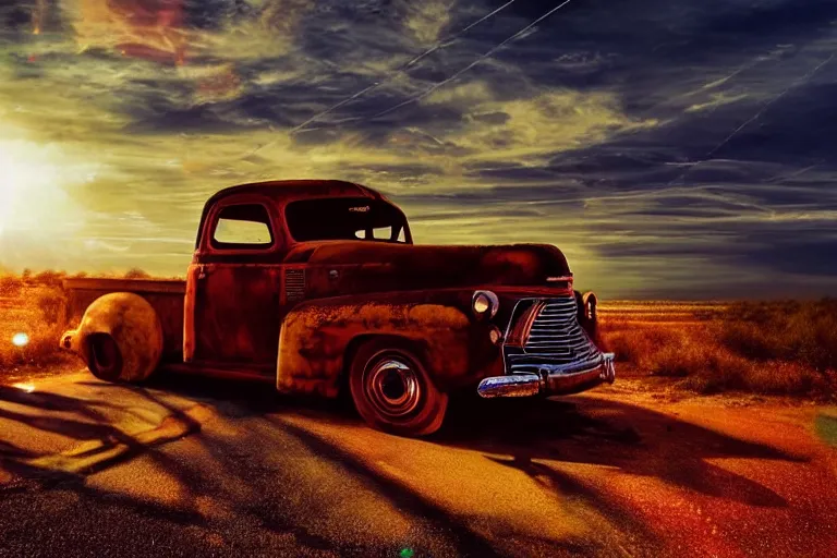 Image similar to a sunset light landscape with historical route 6 6, lots of sparkling details and sun ray ’ s, blinding backlight, smoke, volumetric lighting, colorful, octane, 3 5 mm, abandoned gas station, old rusty pickup - truck, beautiful epic colored reflections, very colorful heavenly, softlight