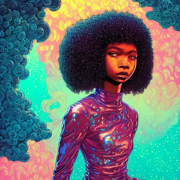 Prompt: ultra detailed illustration of a angry afro american girl covered in a sea of liquid chrome, metal material, lost in a dreamy orental realm by Victo Ngai, Andrew Thomas Huang, Ohrai Noriyoshi,, colorful, front view, synthwave, 8k, coherent, artgerm, uplifting, magical composition, artstation