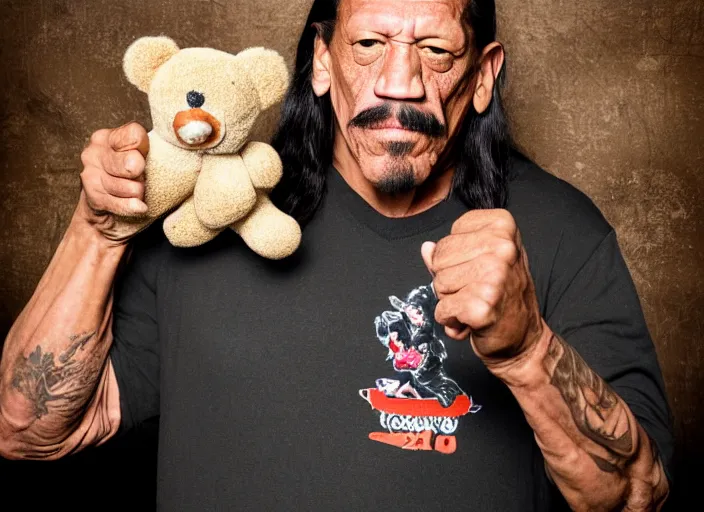 Prompt: photo still of danny trejo at the county fair!!!!!!!! at age 5 6 years old 5 6 years of age!!!!!!!! holding a teddy bear he won, 8 k, 8 5 mm f 1. 8, studio lighting, rim light, right side key light
