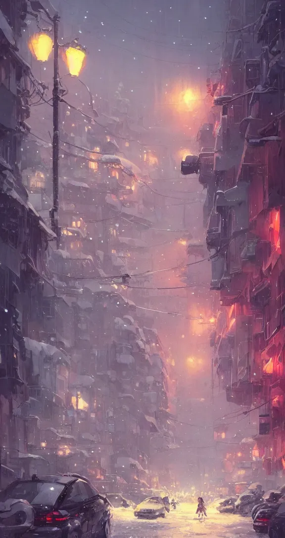 Image similar to Traffic in a snowy city, bright, pretty, by Studio Ghibli and Greg Rutkowski, artstation